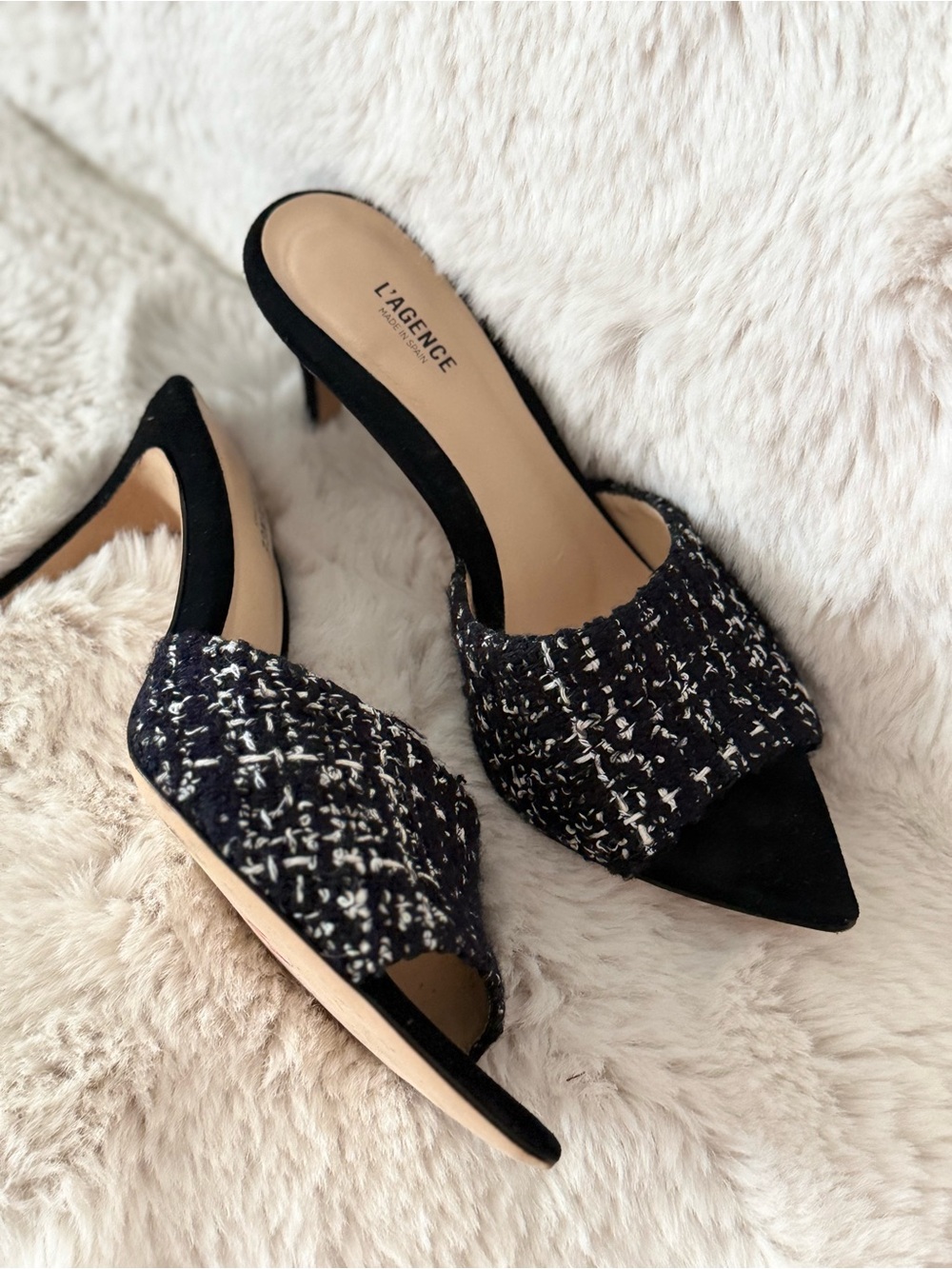 L'AGENCE Black Tweed Open-Toe Mule Heels